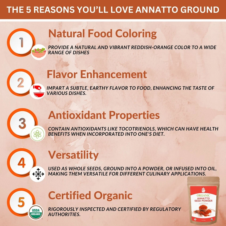 Polvo de achiote molido orgánico (achiote) - sin OGM, especias USDA, hierba natural Foto 2 de 4