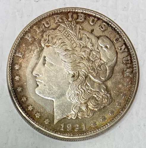 1921-D Morgan Silver Dollar, AU Details, Cleaned, Unusual Toning Pattern