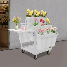 White Metal Flower Display Stand 6 Tiers 18 Buckets 4 Wheels Flower Display Rack