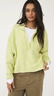 Free People Malie Pullover Sweater Sz Small Oversized Raw Seams Boho Lime Green