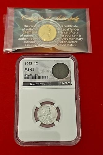 1943 Cent MS65 NGC WWII Era M6 Bazooka Rocket Bag Frag & 24k Gold Plated Steel