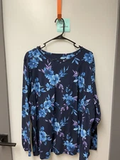 Denim & Co. Womens Navy Blue Floral Long Sleeve Cotton Top - Size 2X