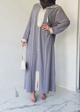 Cool Grey North African Djellaba Abaya | Modest Embroidered Hooded Dress
