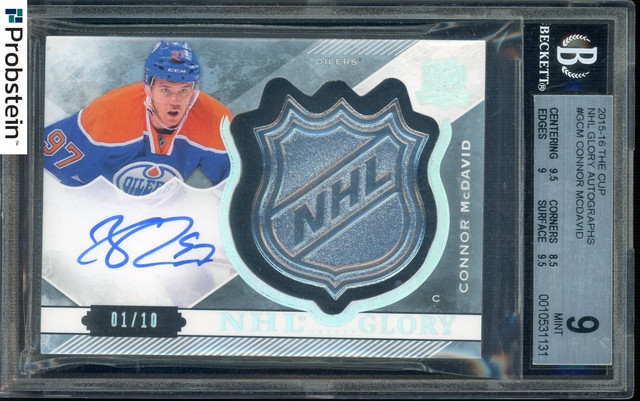2015-16 UD The Cup NHL Glory Connor McDavid RC NHL Shield Patch AUTO 1/10 BGS 9