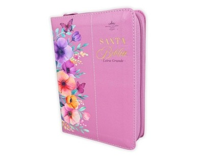Biblia Portátil RVR.1960 Letra Grande 12 Puntos piel Rosa Mariposa Cierre Índice