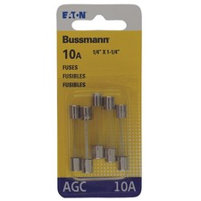 Bussmann BP/AGC-10-RP Glass 10A 250V 10 kA Tube Fuse 1/4 Dia. in. Pack of 5