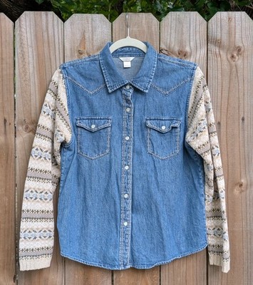 Christopher & Banks Western Denim Sweater Sleeve Snap Button Down Cotton Shirt