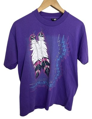 Vintage 90 s Aztec Native American Purple Single Stitch T Shirt Size Medium 