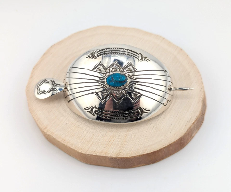 Navajo Handstamped Concho Curved | Turquoise Stone | Hair Pin w/ Stick Accessory - Image 2 of 4