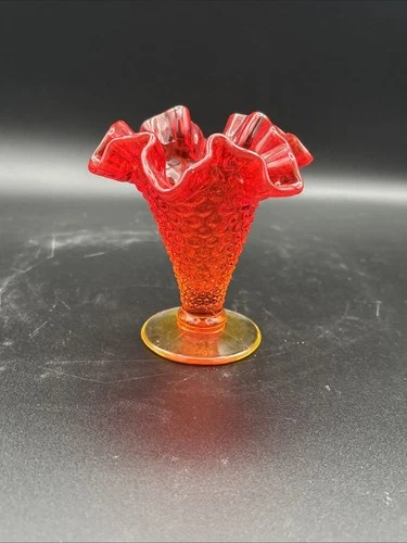 Fenton Amberina Hobnail Glass Bud Vase Crested Ruffle Top 3 3/4” Vintage Retired