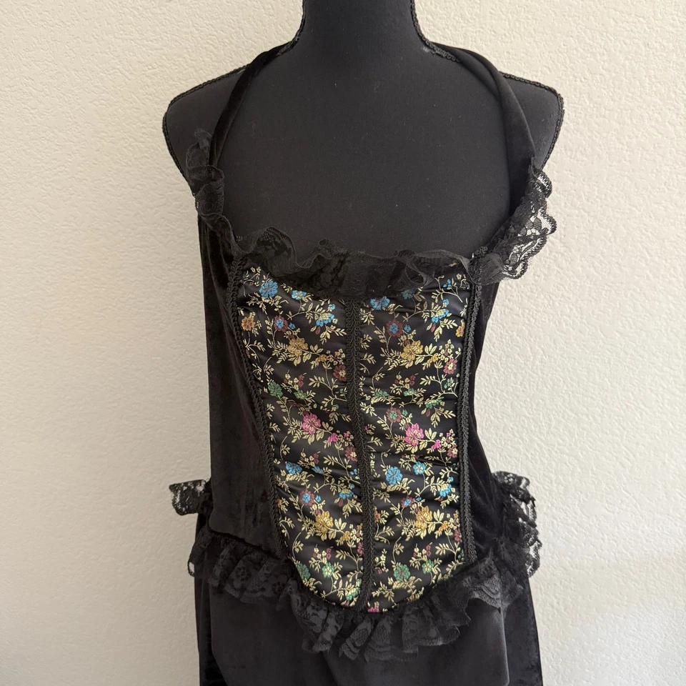 Underwraps Black Velvet Floral Corset Halter Dress L Gothic Glam Romantic Punk - Image 2 of 4