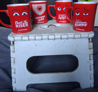 NESCAFÉ Set of 4 Red Ceramic Coffee Mugs Early Riser Kiss Rusher Zombie