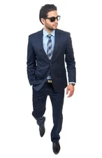 Slim Fit Men Suit 2 Button Navy Blue Notch Lapel Flat Front Pants By AZAR MAN
