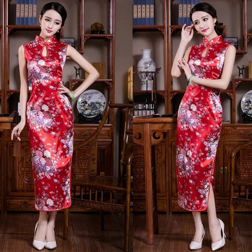 Chinese Sexy Women's Silk Satin Peacock Qipao Evening Dress Long Cheongsam S-2XL - Picture 18 of 27