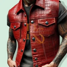 Men's Sleeveless Leather Shirt Real Lambskin Leather Crocodile Print Style Shirt