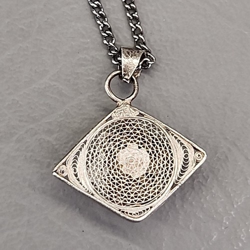 Filigree Necklace Vtg Sterling Silver Pendant Flower Curb Chain Art Deco 24" - Picture 11 of 15