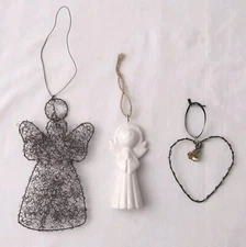 Vintage Wire Bead Ceramic Christmas Ornaments Angels Heart Set Of 3