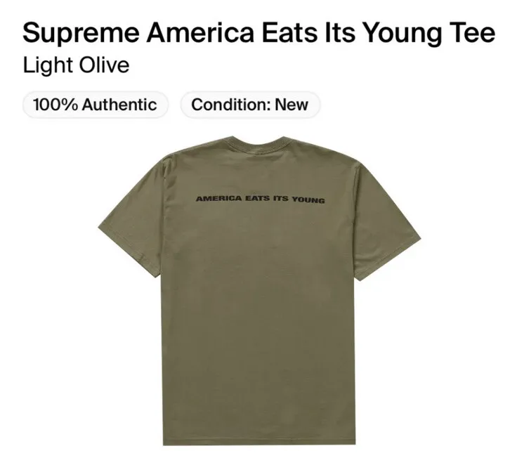 🔥NWT Supreme America Eats Its Young Tee Light Olive Size Small 100%  Authentic