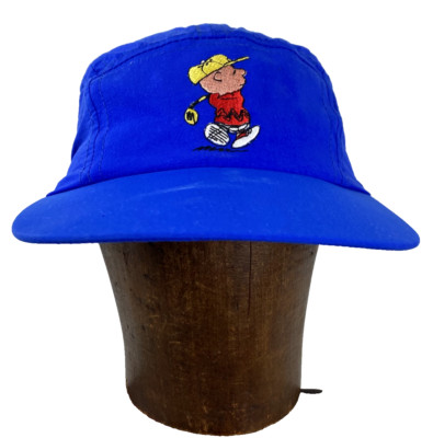 Vintage Mens Golf Hat 90s 5-Panel Peanuts Charlie Brown Snoopy Blue Strap Back
