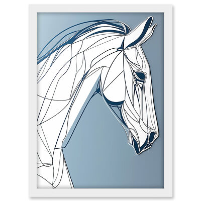 Horse Portrait White and Blue Minimal Illustration Framed Wall Art Print A3