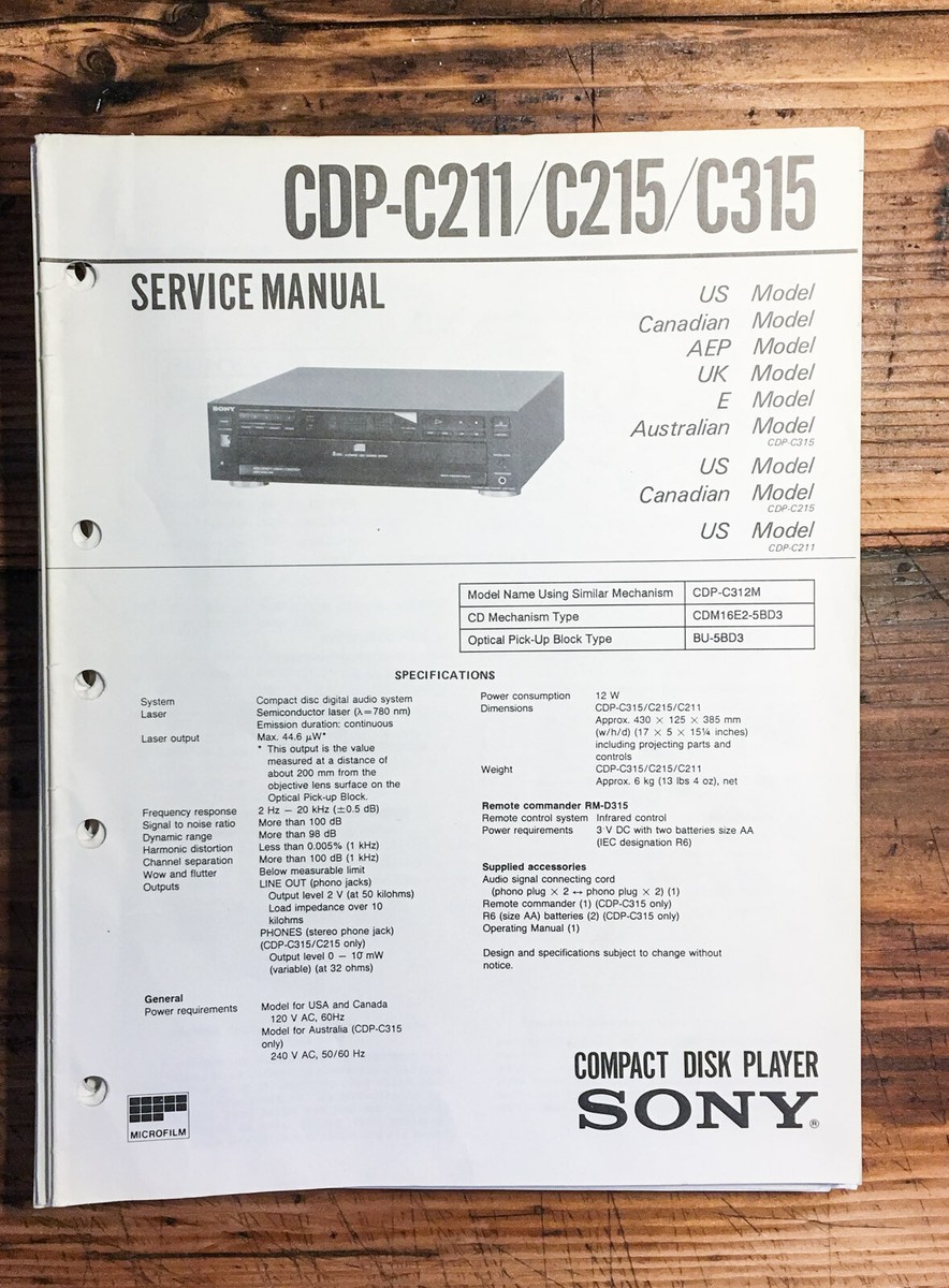 Sony CDP-C211 -C215 -C315 CD Player Service Manual *Original* | eBay