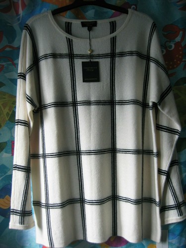 Neu mit Etikett Charter Club luxuriöser Kaschmirpullover Damen elfenbeinfarben/schwarz Fensterscheibe Medium - Bild 2 von 12