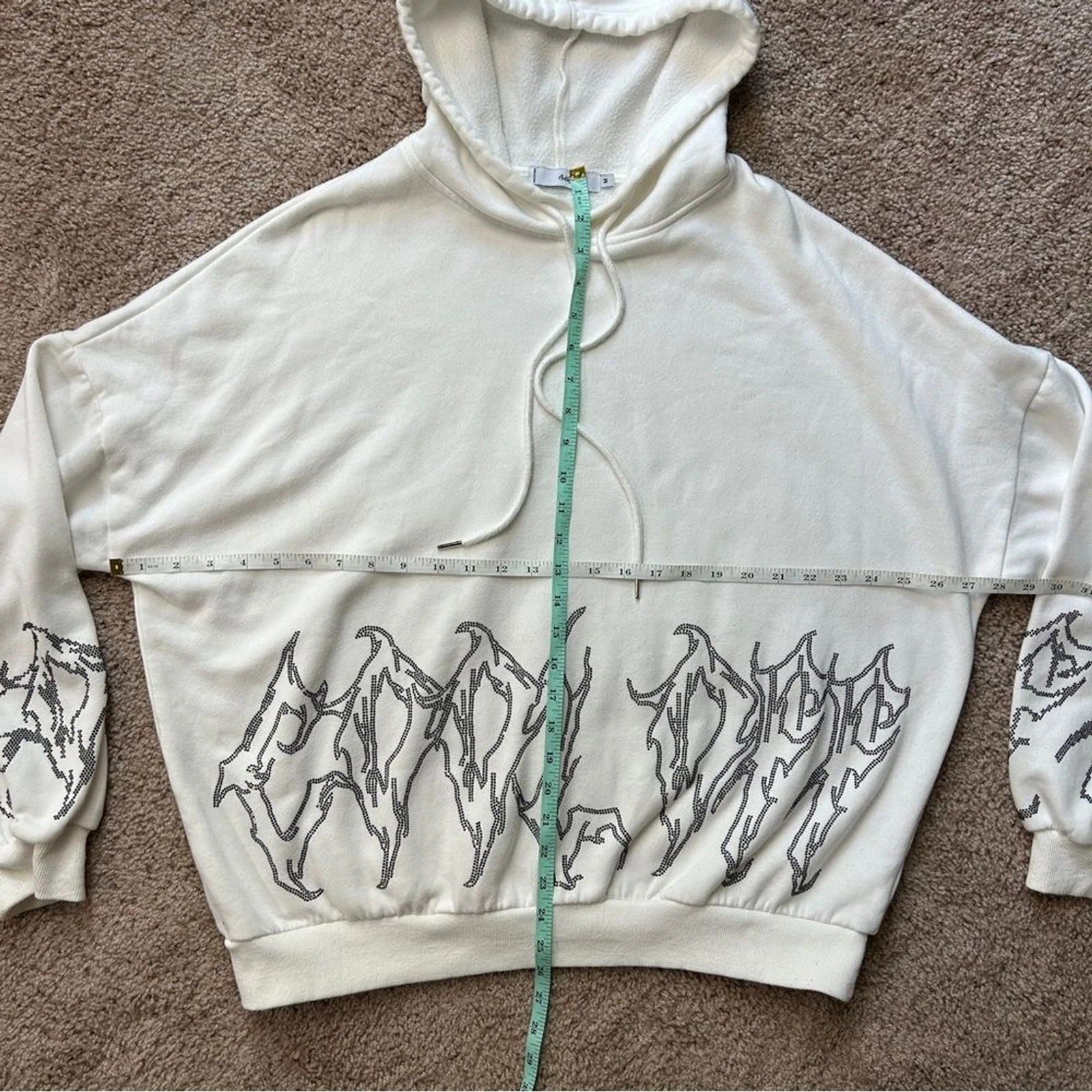 OFF WHITE Felpa con cappuccio pullover bianca Adika fiamma strass "Cool Off" taglia media