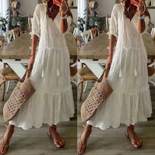 Maxi abito donna estivo spiaggia prendisole vacanza casual pizzo scollo a V ampio boho - Foto 3 di 7
