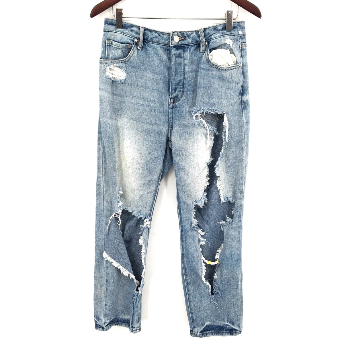 PacSun Destroyed Cropped Button Fly Mom Jeans Blue custom Beads