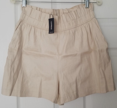 EXPRESS Linen Blend Elastic Waist High Rise Pockets Beige Shorts Size S