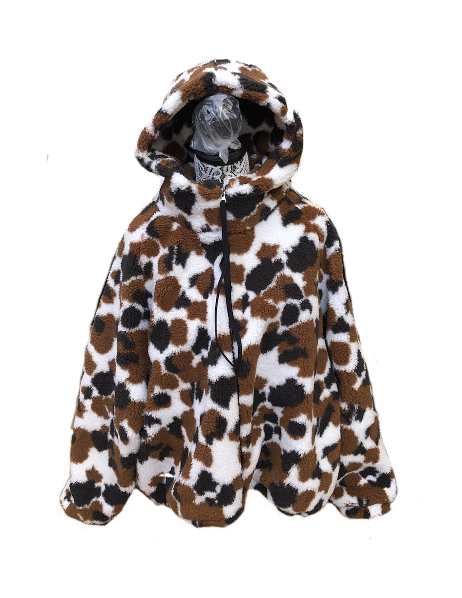 UGG OLYMPIA CHESTNUT COW PRINT SHERPA HOODIE FAUX FUR JACKET COAT