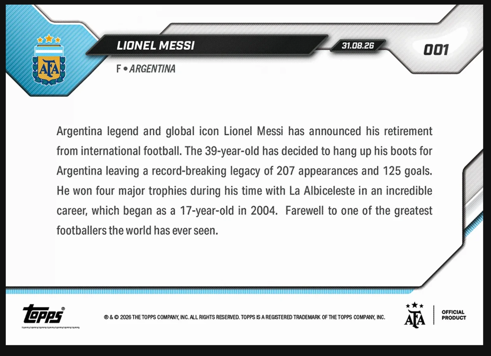 2026 Topps Now Argentina Lionel Messi #1 The End Of An Era image 2