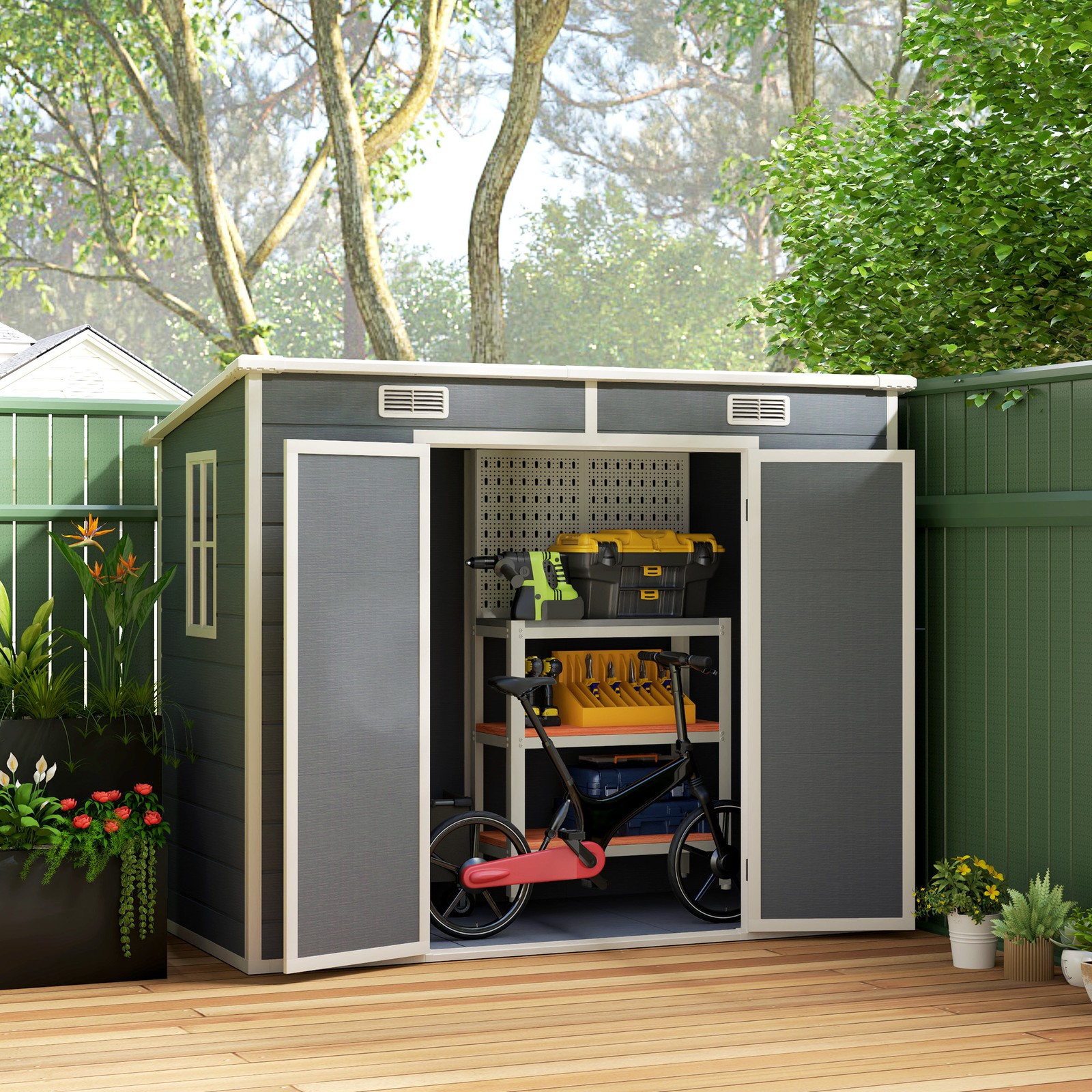 Outsunny 8' x 4' Outdoor Storage Shed, Resin Shed with Floor, Gray