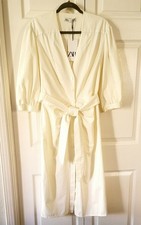 NWT ZARA Ivory Cotton Ruched Dress Puff 3/4 Sleeve Size Medium M