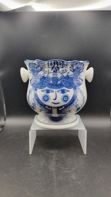 Vintage Artistic Seito Japan Blue White Face Planter Cachepot Figural Pottery...