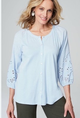 NWT J JILL Placed Eyelet Mixed Media Button Down Top In Cool Water Blue  XL Tall