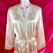 Vintage Satin Lace Pearl Sequin Robe Long Champagne Coquette Soft Girl Glam L