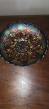 Fenton Holly Berry Carnival Glass Blue  Iridescent Ruffled Bowl Vintage 8”