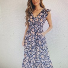 Navy Floral Maxi Dress V-Neck Ruffle Cap Sleeve Lightweight Long Women's