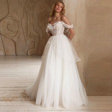 Luxury Off Shoulder Wedding Dress with Pearls Customized Lace A Line Bride Gown