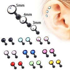 2pc 3/4/5mm Gem Steel Black 6mm Bar Ear Stud Tragus Cartilage Helix Piercing 16g