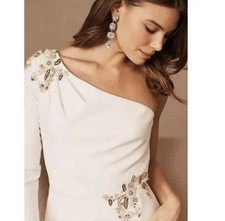 Ivory One Shoulder Embellished Long Sleeve Column Maxi Formal Gown