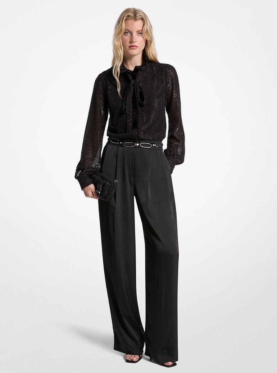 NEW Michael Kors MK Metallic Clip Jacquard Satin Tie-Neck Black