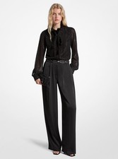 NEW Michael Kors MK Metallic Clip Jacquard Satin Tie-Neck Black Jumpsuit Size 4