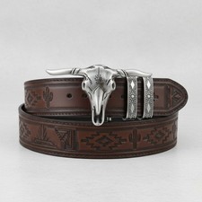Men Western Silver Metal Belt Buckle Long Horn Texas Cow Bull Skull Cowboys Look
