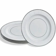 10 Pack 13 White Silver Rim Ruffled Paper Charger Plates, Wedding, Banquet