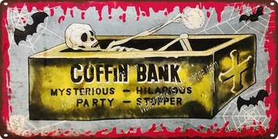 1960s Halloween Coffin Bank Skeleton Toy Bats Spider web Metal Sign 6x12'' A686