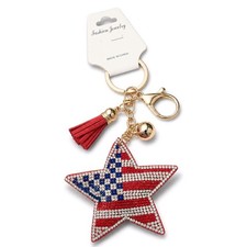 USA Flag Star Keychain Rhinestone Crystal Purse Charm Patriotic Red Tassel Gift
