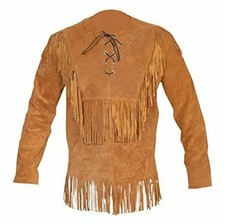 Men Western Cowboy Suede Fringe Shirt Native American Fringe Leather Jacket