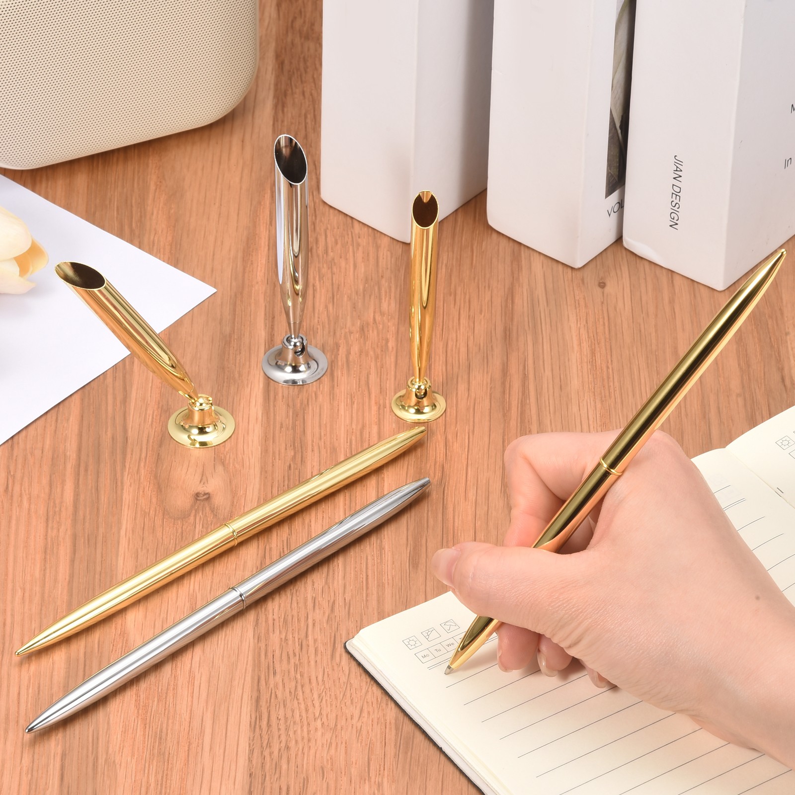 как выглядит 2Pcs Desk Pen Holder, Signing Pen Base Stands Metal Ballpoint Stand, Silver Tone фото